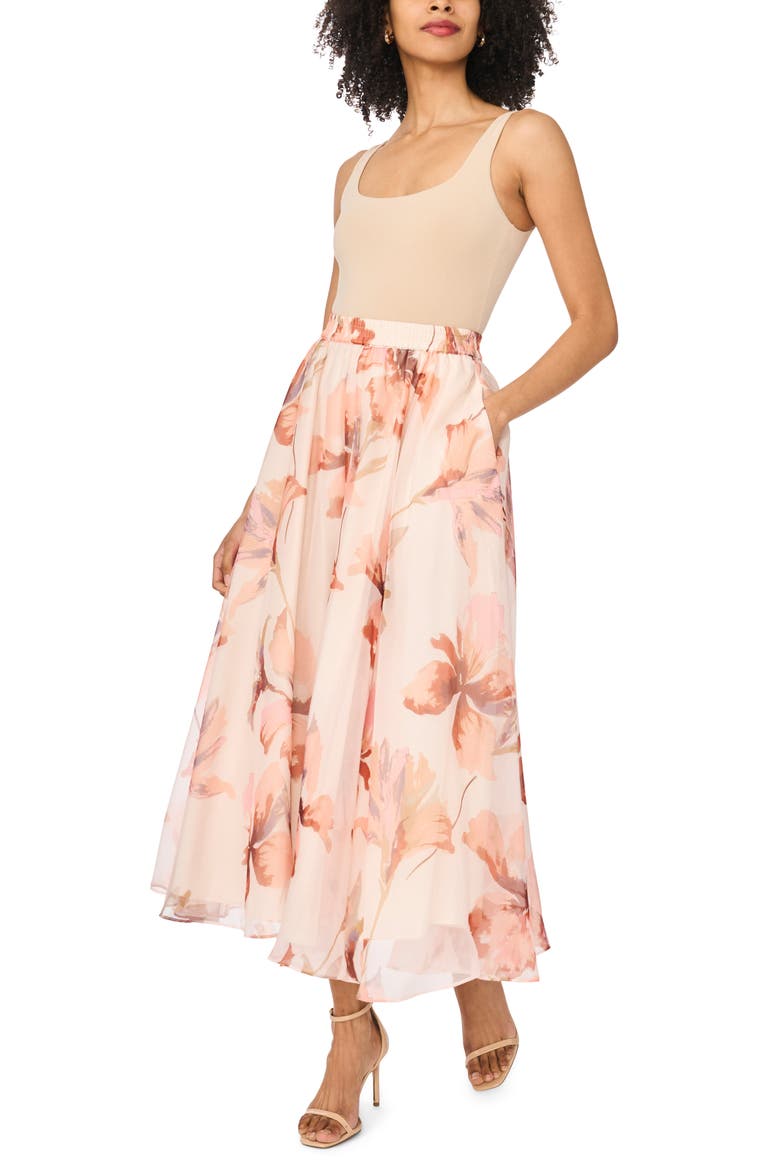 Floral Shirred Midi Skirt, Alternate, color, SHEER PINK