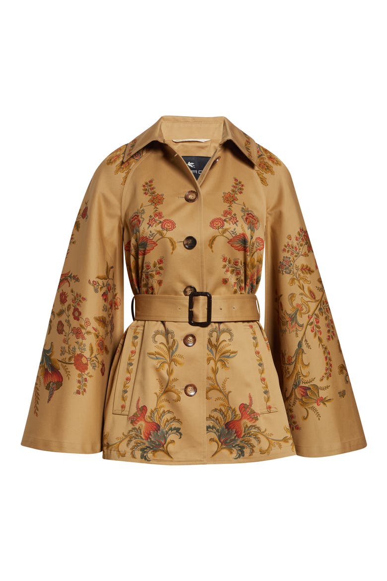 Print Cotton Belted Cape Jacket, Alternate, color, BEIGE