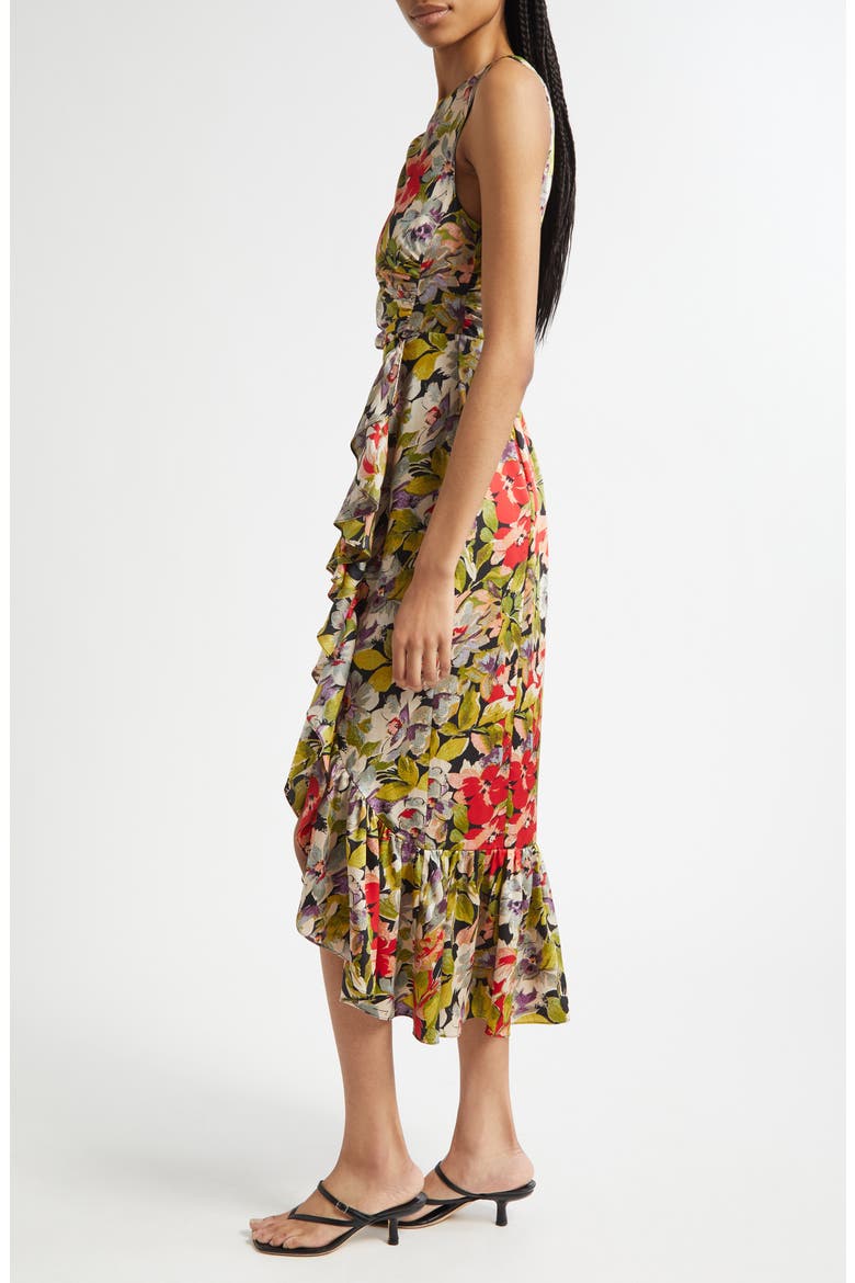 Canyon Bloom Elvira Ruffle Sleeveless Silk Midi Dress, Alternate, color, BLACK MULTI