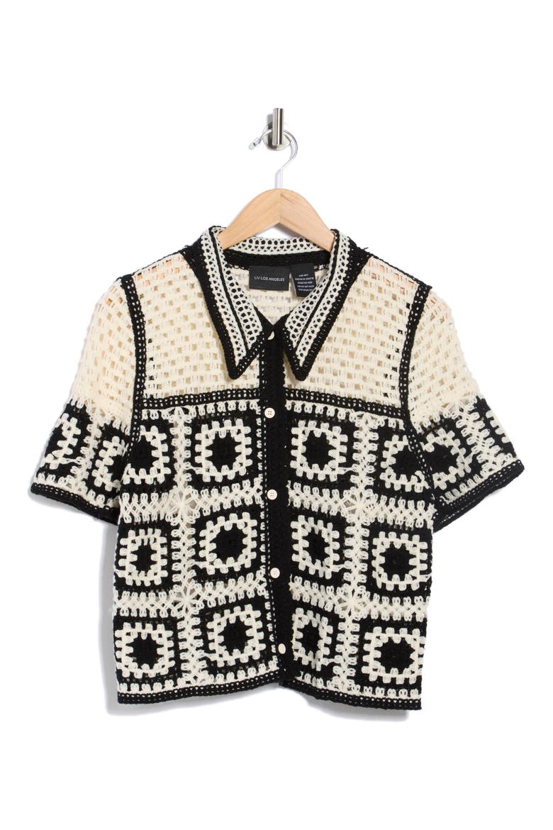 Open Knit Square Short Sleeve Cardigan, Alternate, color, NATURAL/ BLACK
