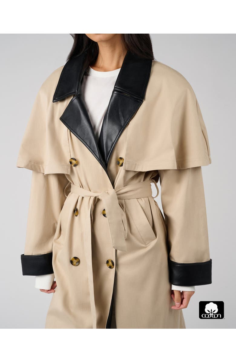 WeWoreWhat Vegan Leather Trim Trench Coat, Alternate, color, Taupe/Black