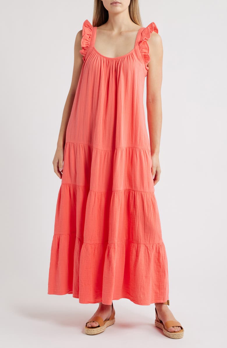 Caslon<sup>®</sup> Ruffle Tiered Cotton Maxi Sundress, Main, color, Coral Sugar