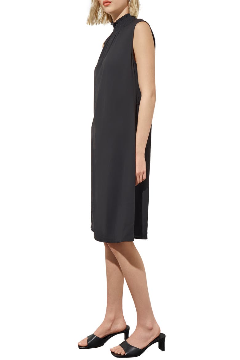 Smocked Mock Neck Crêpe de Chine Dress, Alternate, color, BLACK