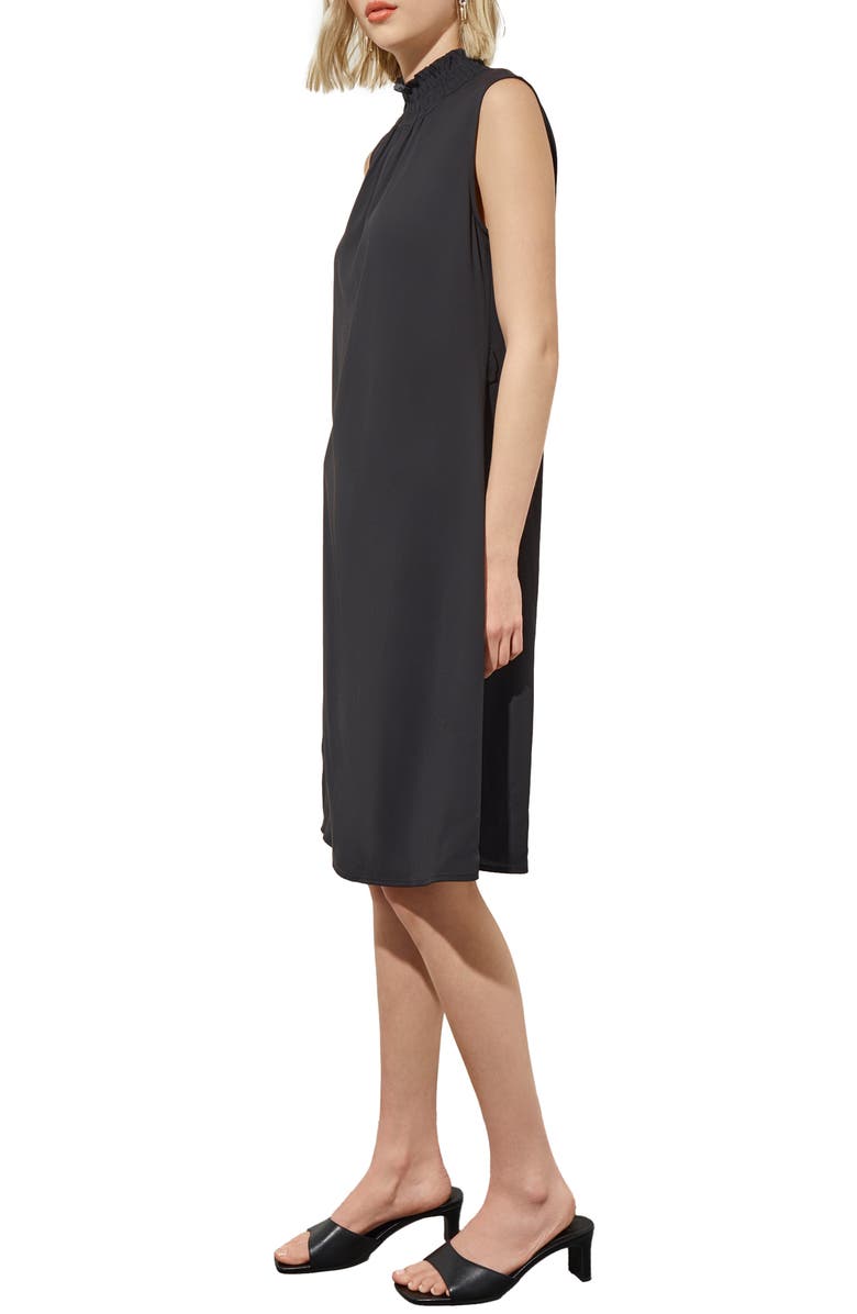 Ming Wang Smocked Mock Neck Crêpe de Chine Dress, Alternate, color, Black