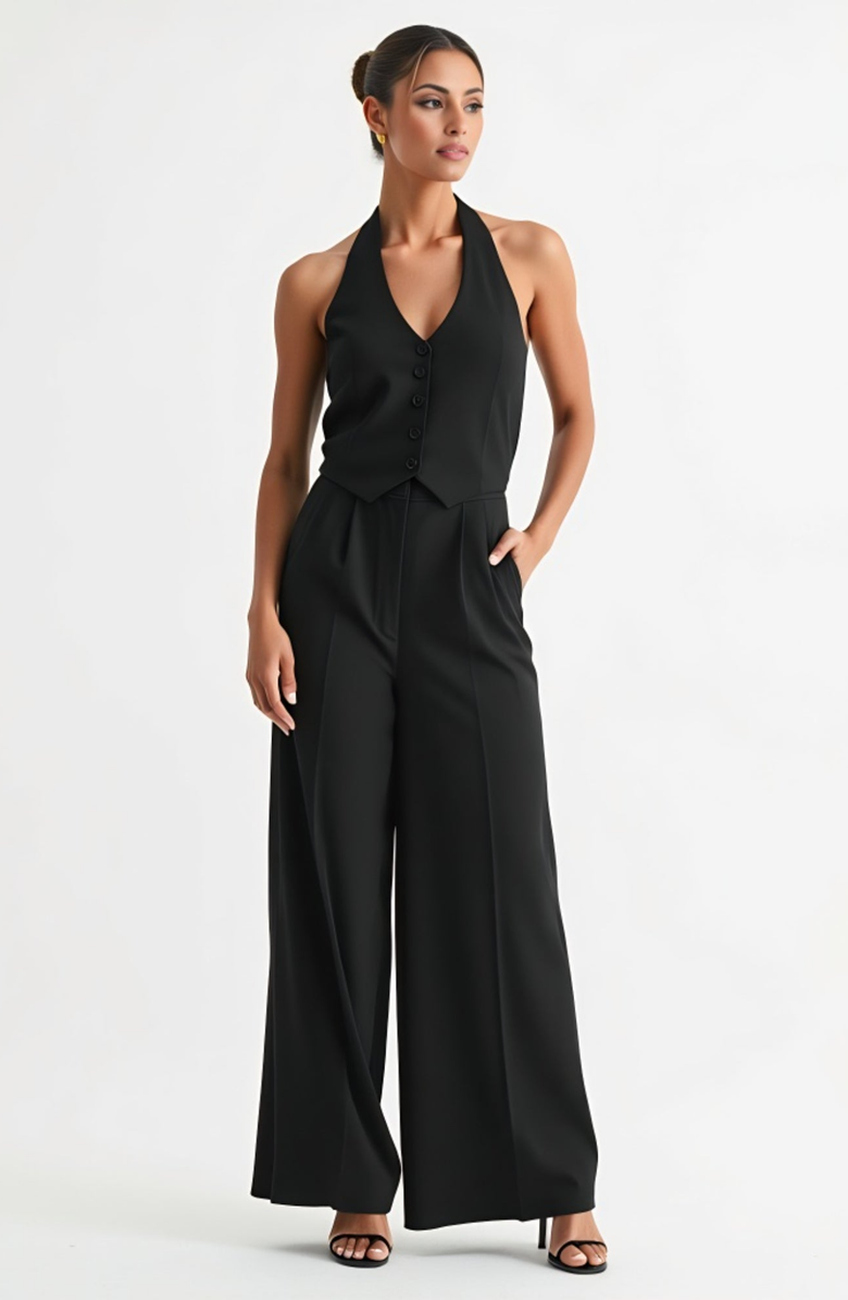 Modenaire Button-Detail Halter Vest and Wide-Leg Pocket Pants Set, Alternate, color, Black
