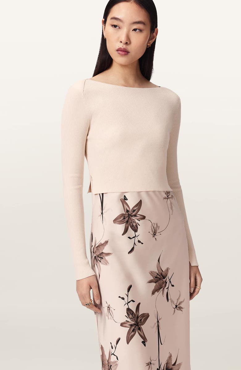 AllSaints Hera Long Sleeve 2-in-1 Rib Sweater & Midi Slipdress, Alternate, color, Petra Cream White