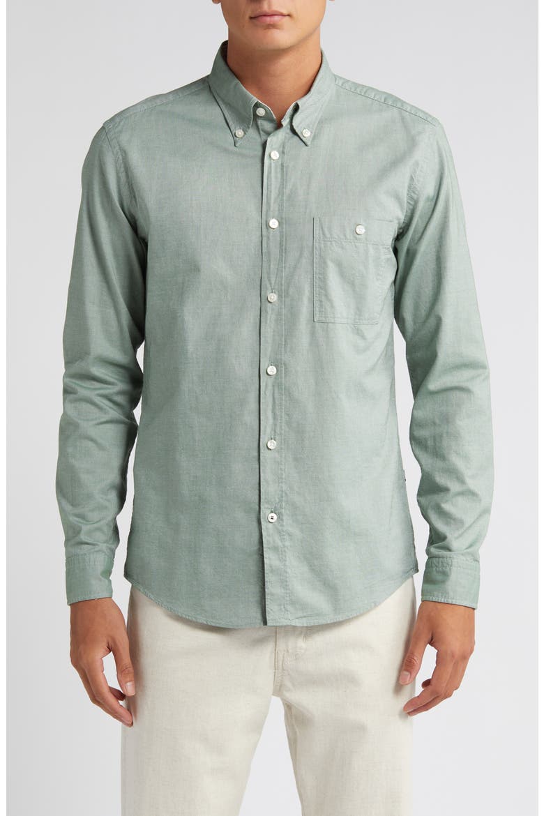 Roan Solid Button-Down Shirt, Main, color, OPEN GRN