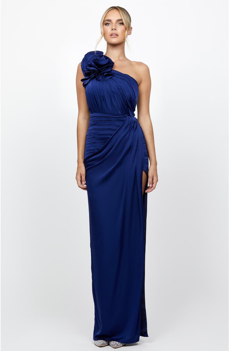 Bariano Vacation Asymmetric Gown, Alternate, color, Navy
