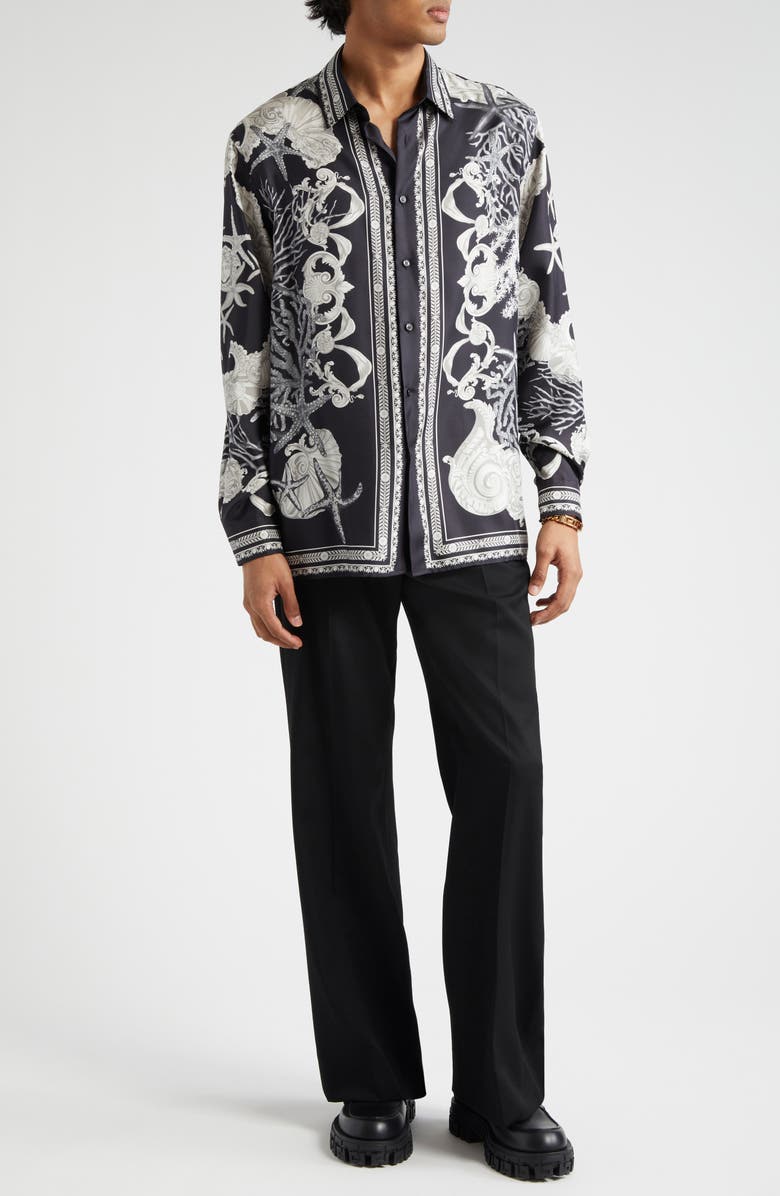 Versace Seashell Barocco Print Silk Button-Up Shirt, Alternate, color, Black Concrete Bone