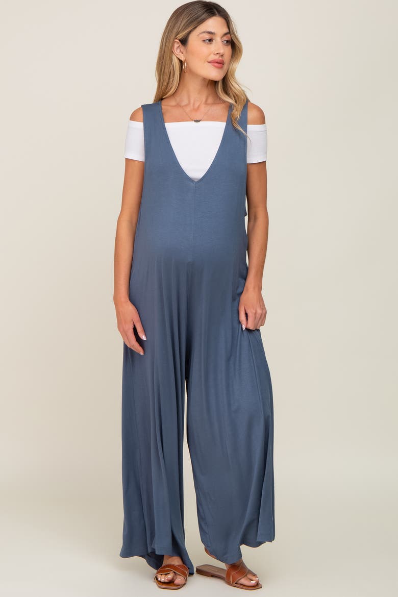 Deep V Sleeveless Wide Leg Jumpsuit, Alternate, color, Blue