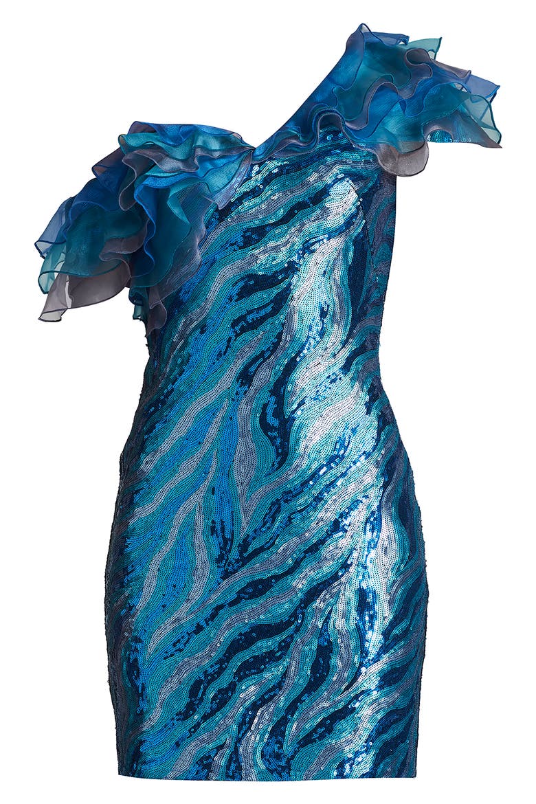 Sequin One-Shoulder Sheath Cocktail Dress, Alternate, color, MEDITERRANEA