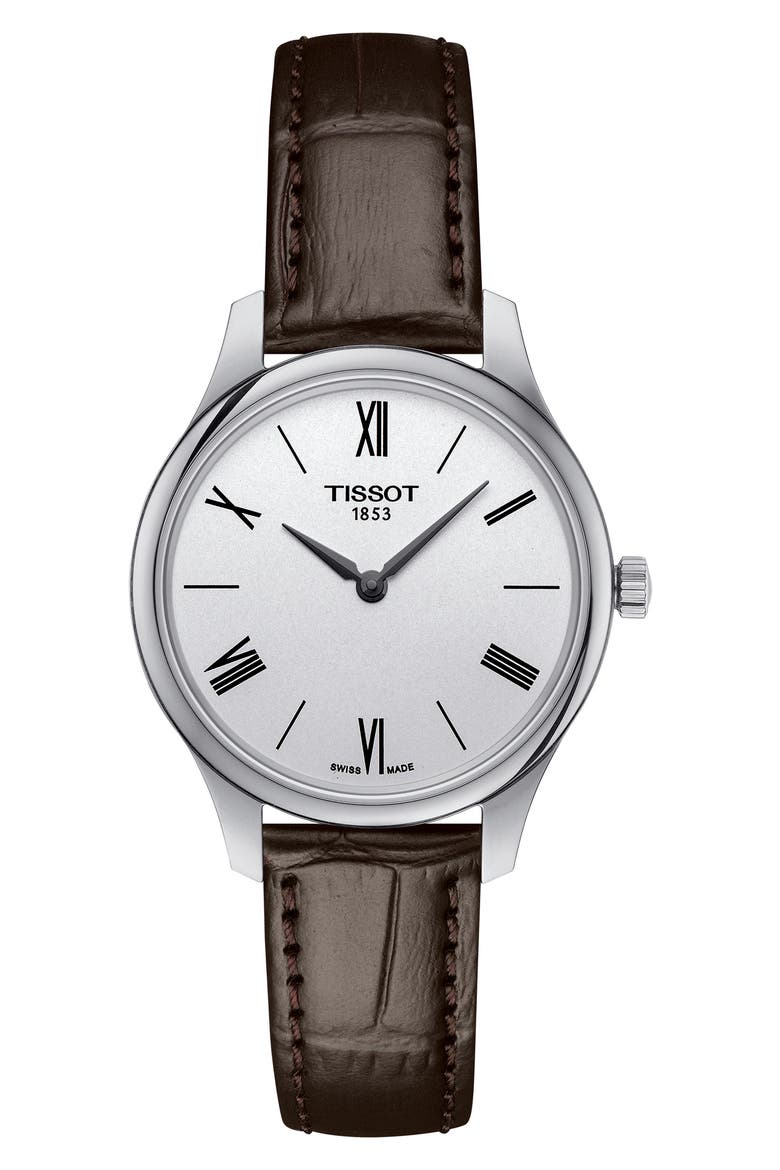 Tradition Swiss Quartz Croc Embossed Leather Strap Watch, 31mm, Main, color, SILVER