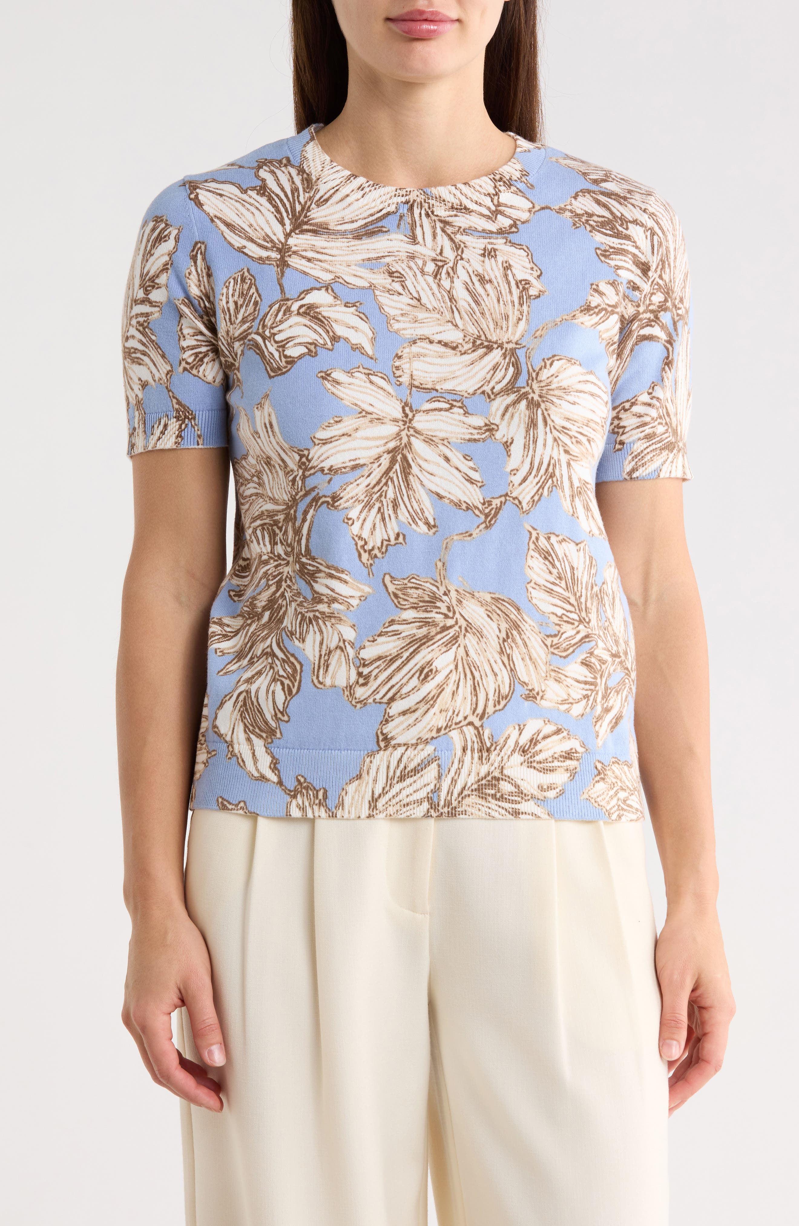 ELIE ELIE TAHARI Leaf Print Short Sleeve Sweater
