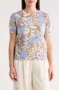 ELIE ELIE TAHARI Leaf Print Short Sleeve Sweater