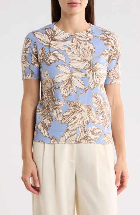 ELIE ELIE TAHARI Leaf Print Short Sleeve Sweater