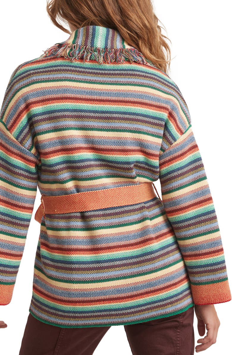 Marine Layer Alamere Fringe Tie Waist Organic Cotton Blend Cardigan, Alternate, color, Multi Stripe