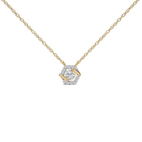 14K Yellow Gold Plated Sterling Silver 3/8 Cttw Lab Grown Diamond Hex Halo Pendant Necklace