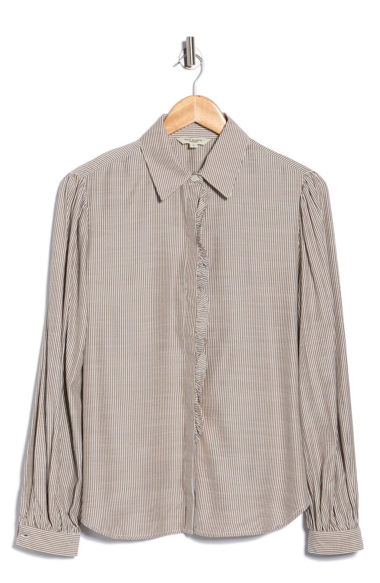 MAX STUDIO Stripe Ruffle Front Button-Up Shirt, Alternate, color, Toffee/ Off White Mini Stripe
