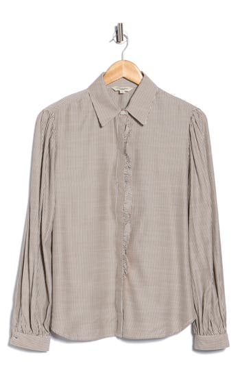 Max Studio Stripe Ruffle Front Button-up Shirt In Neutral