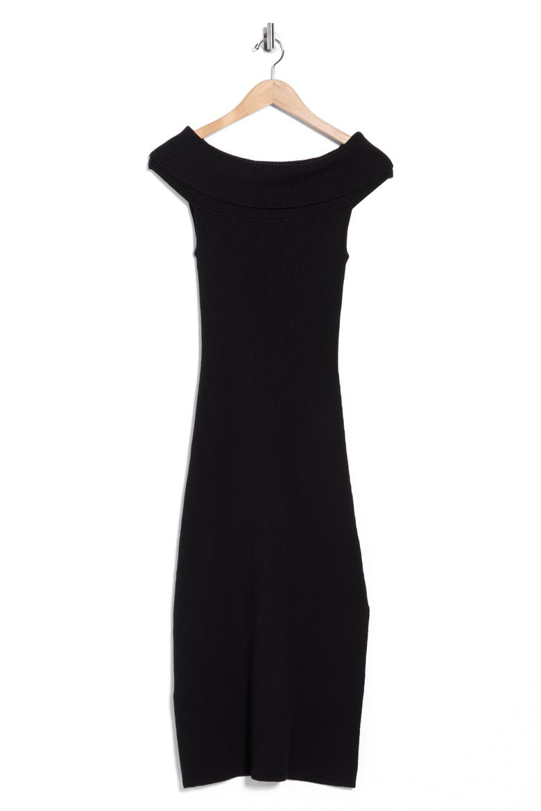 Anaya Off the Shoulder Short Sleeve Ribbed Midi Dress, Alternate, color, BLACK