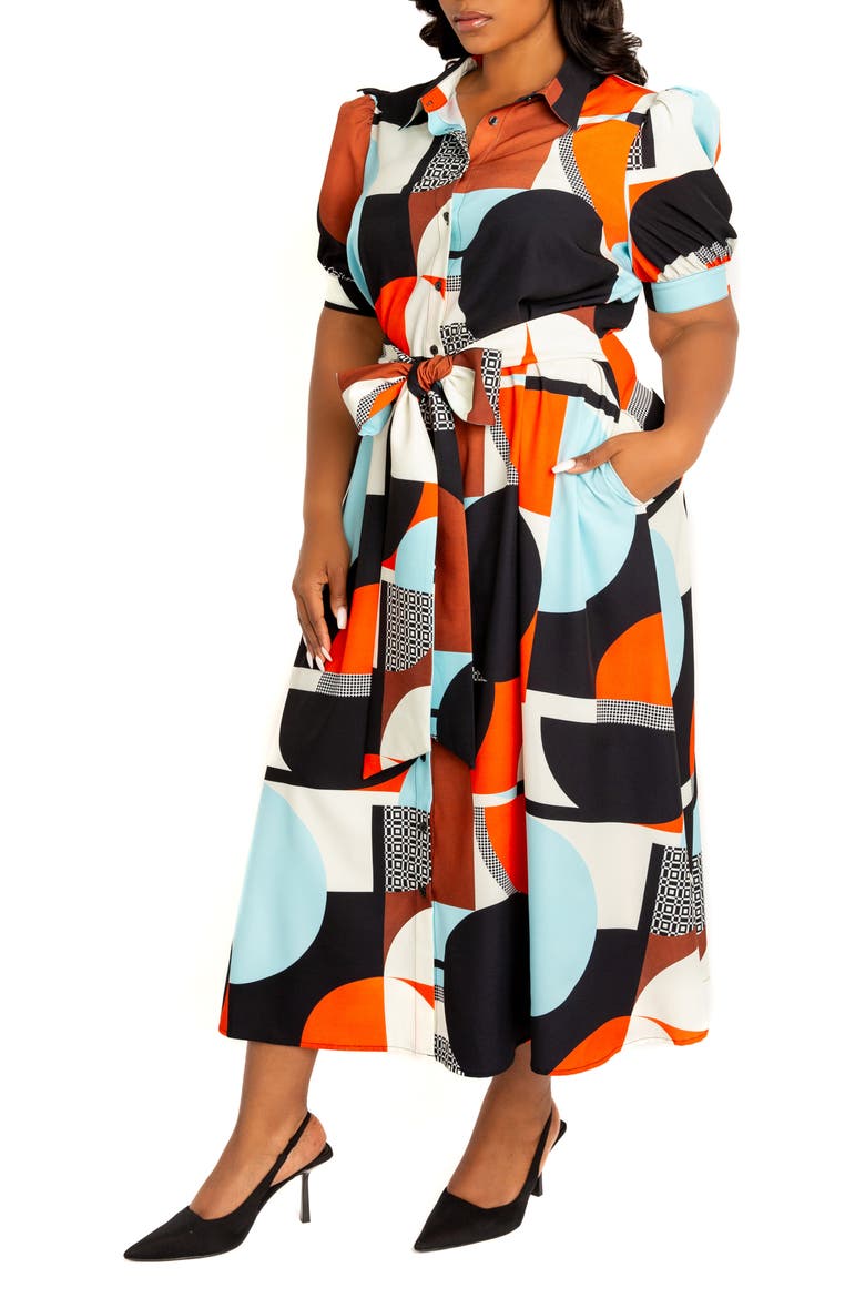Geometric Print Puff Sleeve Shirtdress, Alternate, color, MULTI