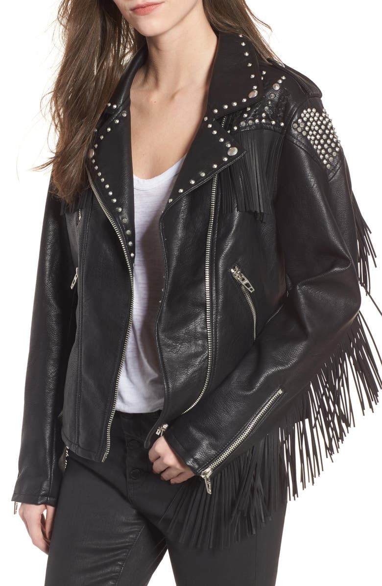 BLANKNYC Studded Fringe Faux Leather Moto Jacket, Main, color, 