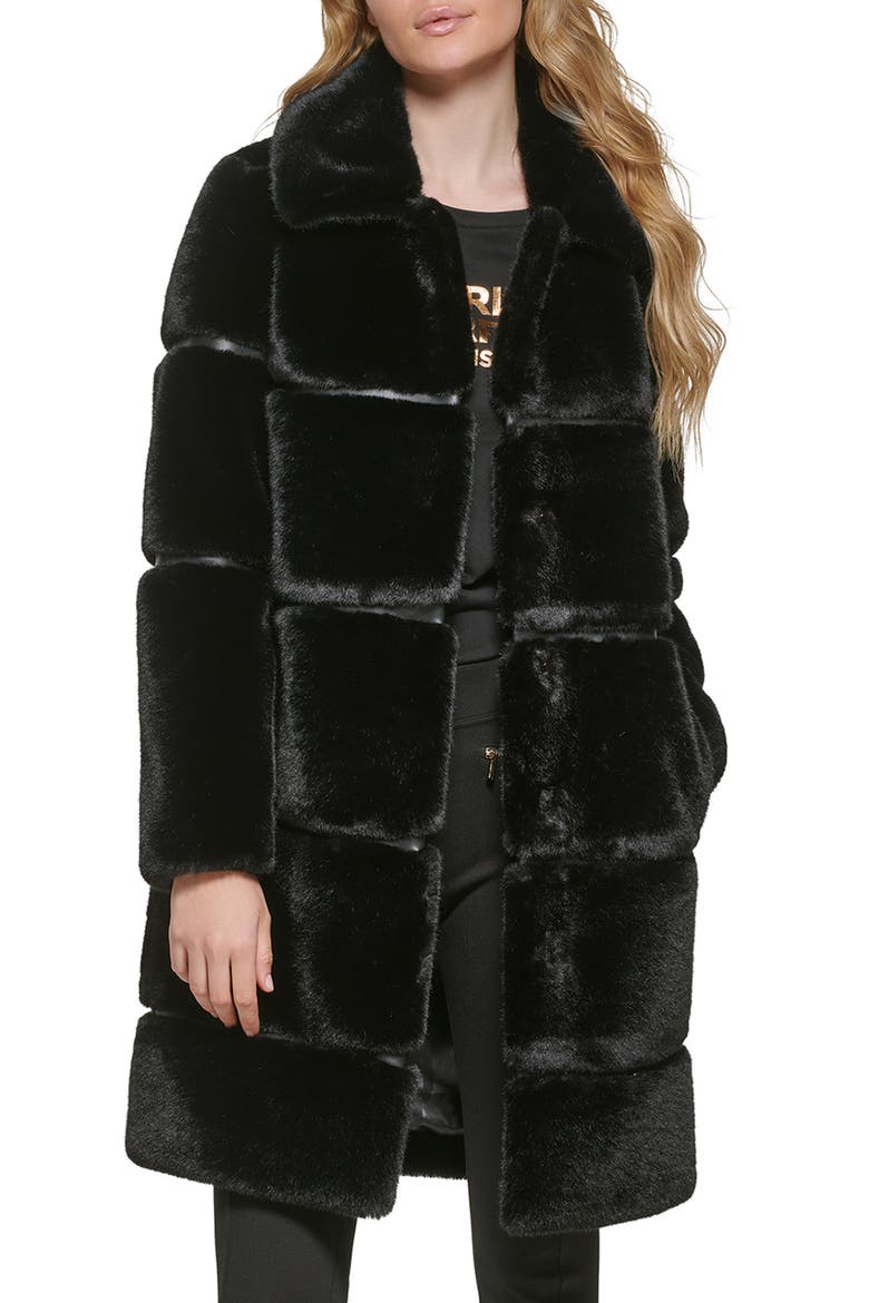 Quilted Longline Faux Fur Coat, Main, color, BLACK