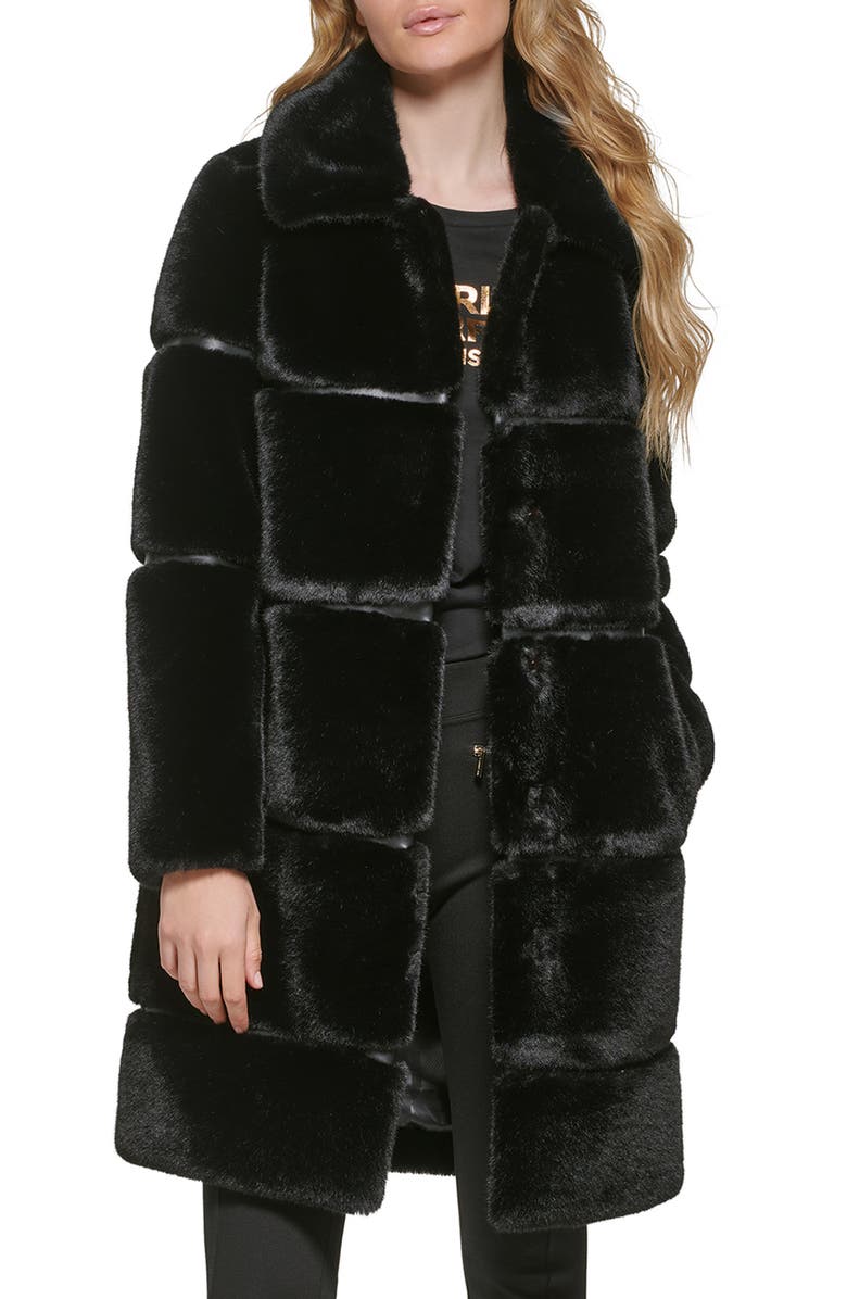 KARL LAGERFELD PARIS Quilted Longline Faux Fur Coat, Main, color, Black