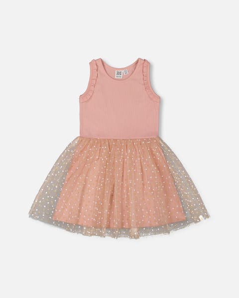 Girl's Bi-Material Dress With Printed Dots On Mesh Skirt Warm Old Pink
