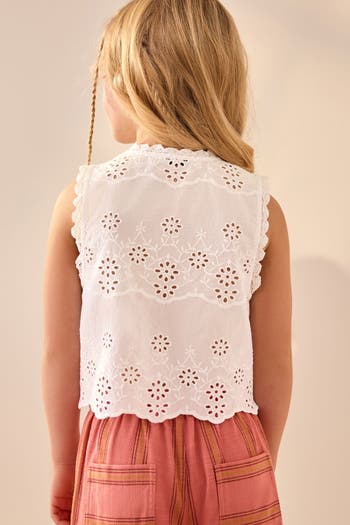 Kids' Floral Embroidered Eyelet Cotton Button-Up Vest