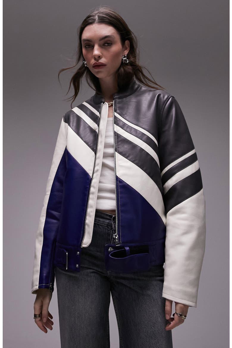 Motocross Colorblock Faux Leather Jacket, Main, color, BLACK MULTI