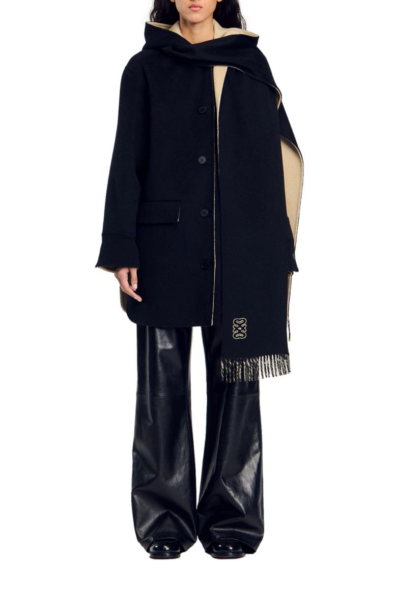 Wool coat with scarf, Main, color, Black