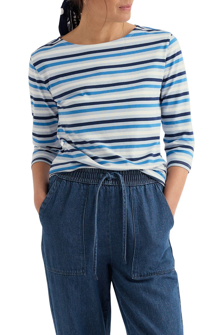 Sailor Stripe Three Quarter Sleeve Organic Cotton T-Shirt, Main, color, TRI MINI CORNISH BLUE FOG