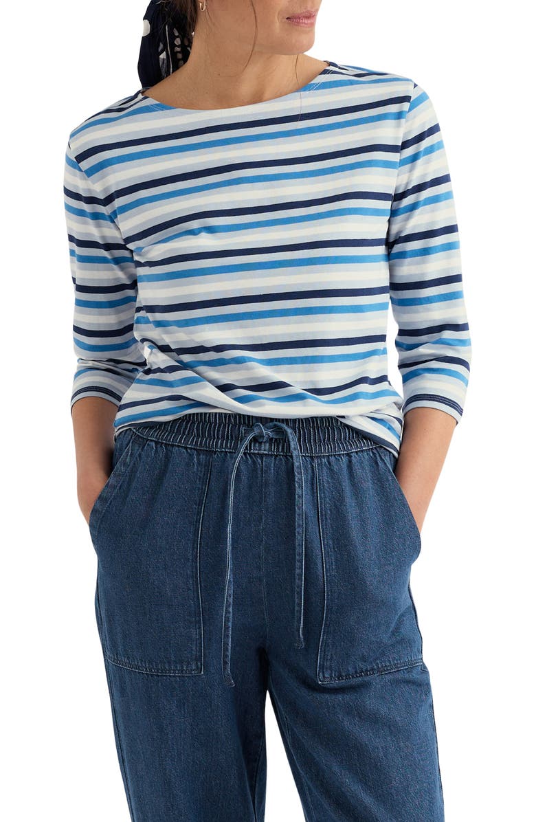 Seasalt Cornwall Sailor Stripe Three Quarter Sleeve Organic Cotton T-Shirt, Main, color, Tri Mini Cornish Blue Fog