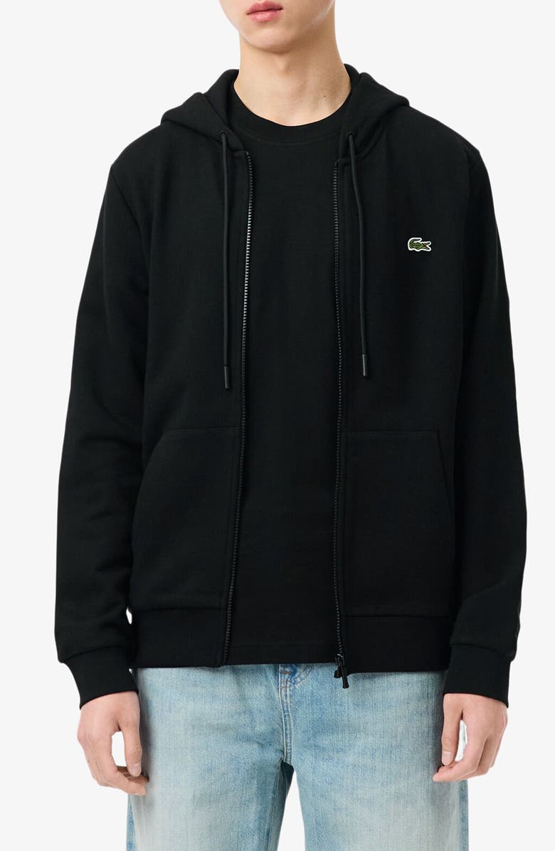 Lacoste Lightweight Cotton Fleece Zip Hoodie, Main, color, Black