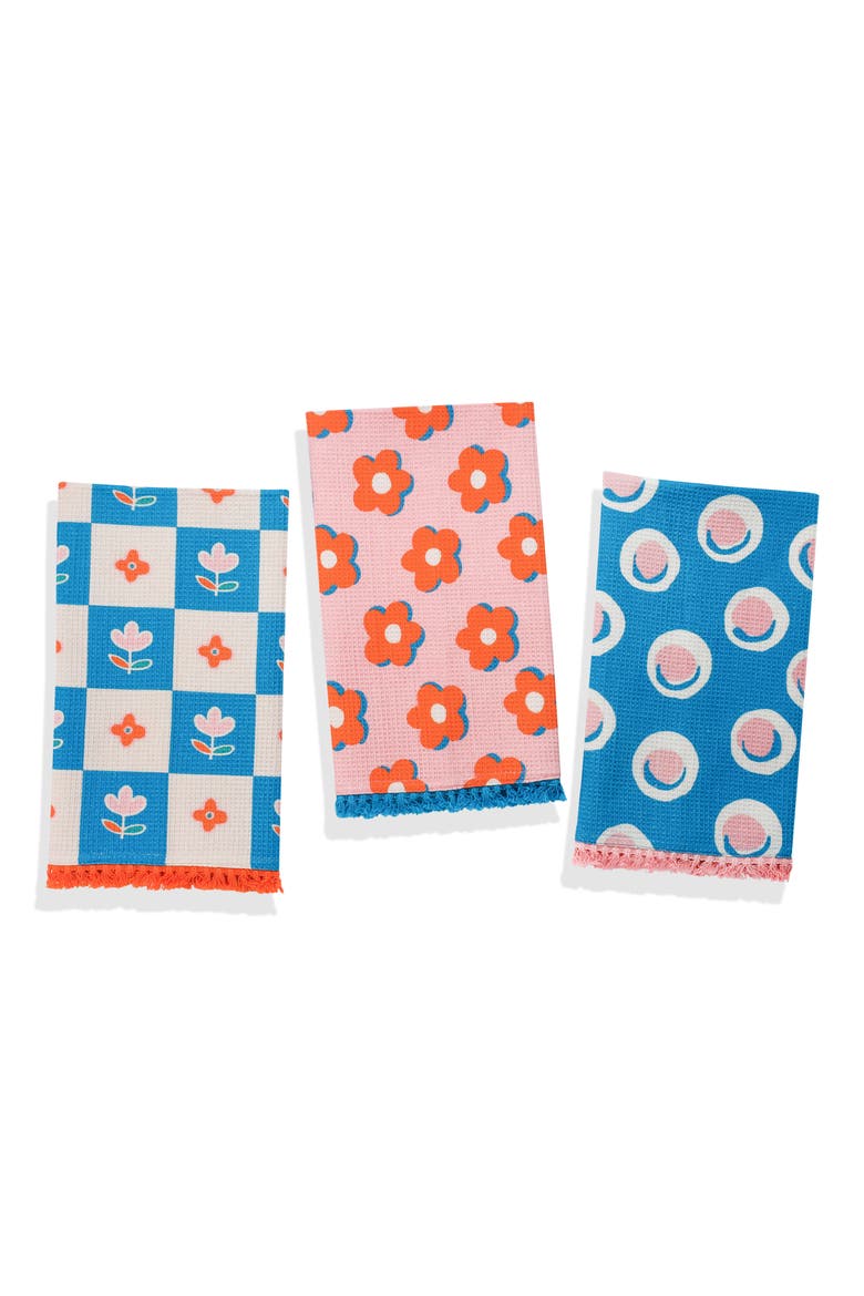 Set of Three Groovy Floral Kitchen Towels, Main, color, BRIGHT BLUE/ HOT PINK FLORAL