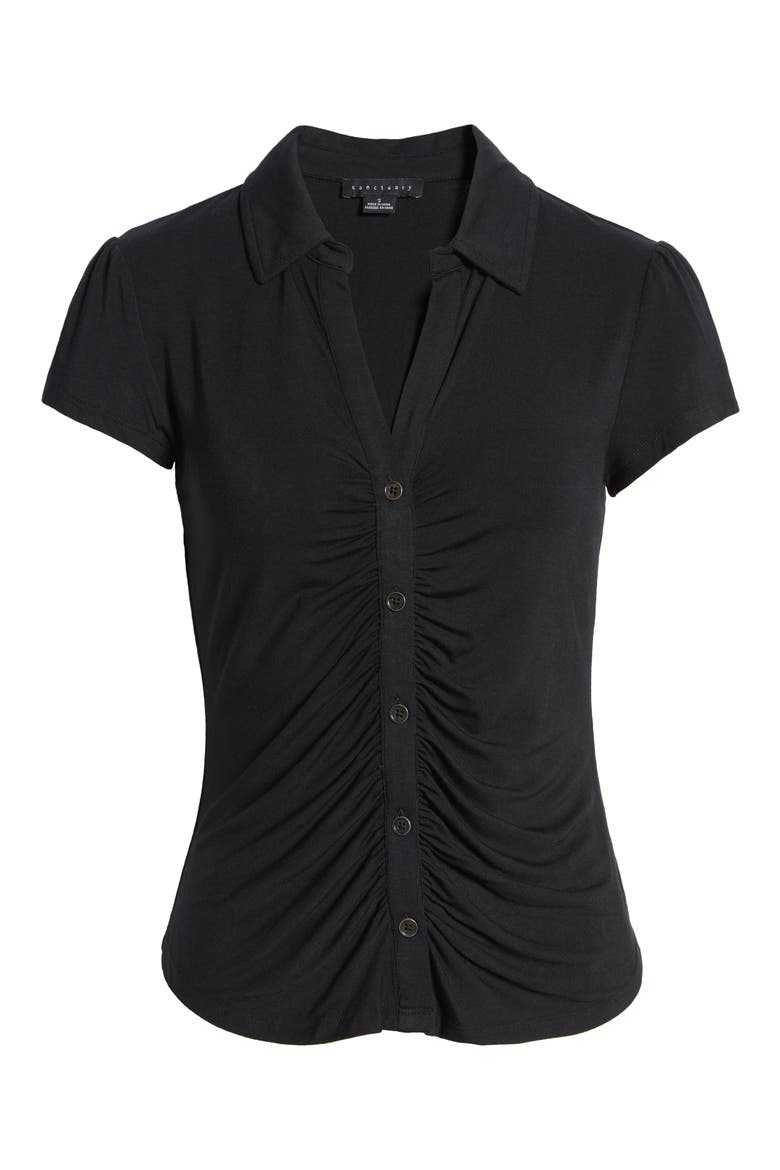 Dream Shirred Placket Knit Button-Up Shirt, Alternate, color, BLACK