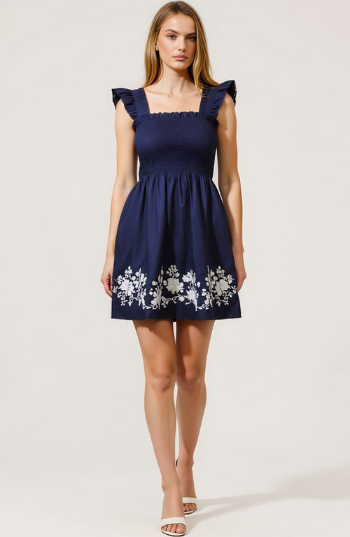 Modenaire Smocked Ruffle Strap Mini Dress With Floral Embroidery Hem