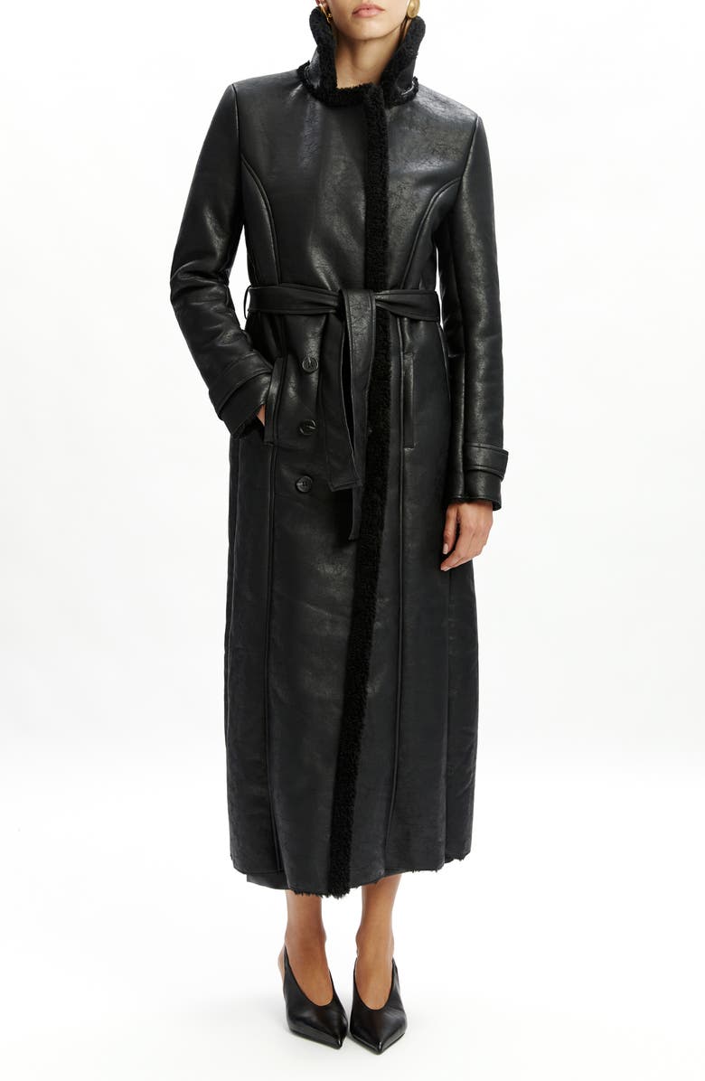 Bardot Belted Faux Leather & Faux Shearling Trim Trench Coat, Main, color, Black