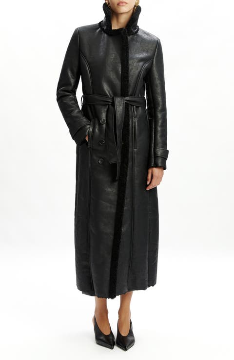 Belted Faux Leather & Faux Shearling Trim Trench Coat