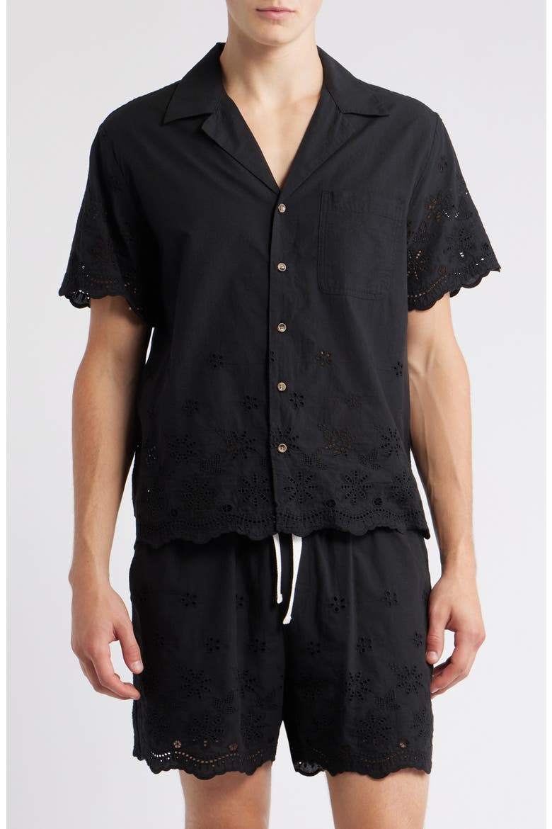 Banks Eyelet Embroidery Camp Shirt, Main, color, BLACK