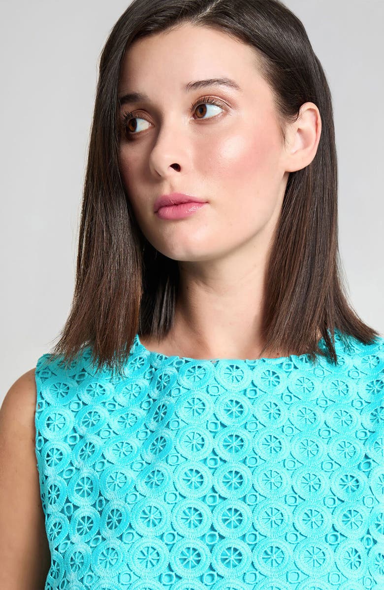 Ming Wang Geometric Lace Sleeveless Sheath Dress, Alternate, color, Calypso Blue