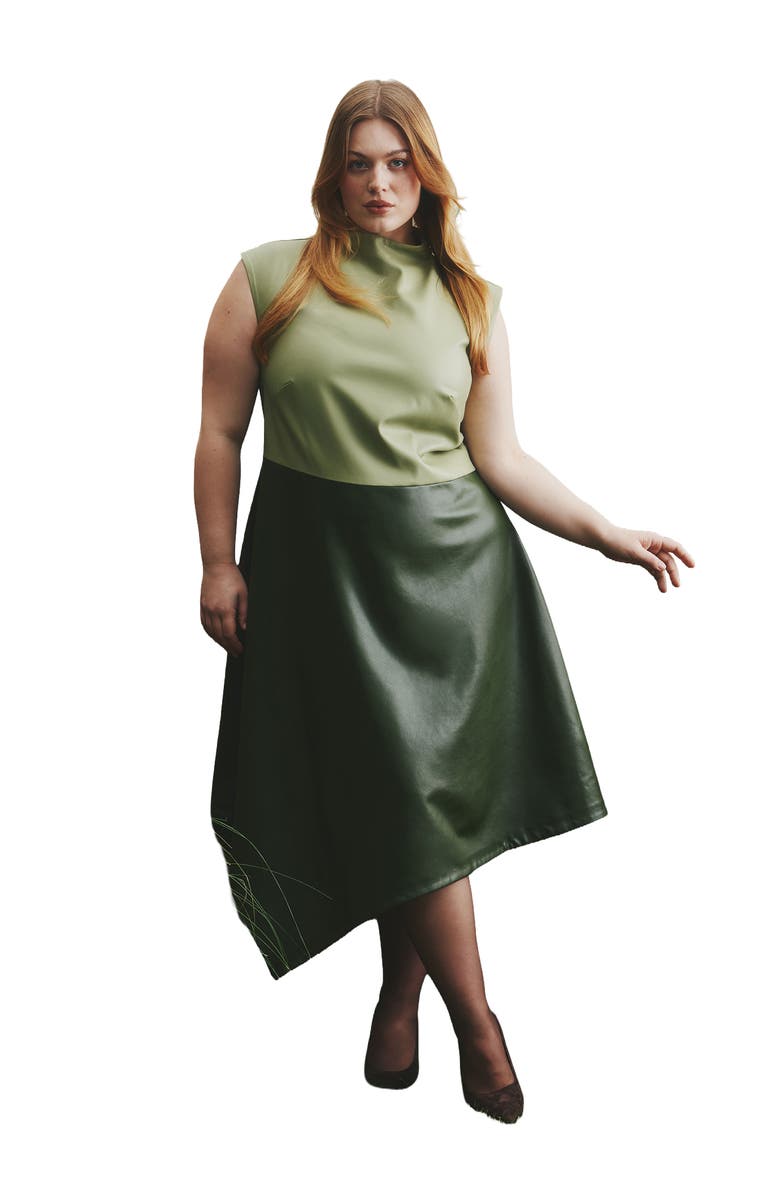 ELOQUII Colorblocked Draped Faux Leather Dress, Main, color, Dark Forest Green