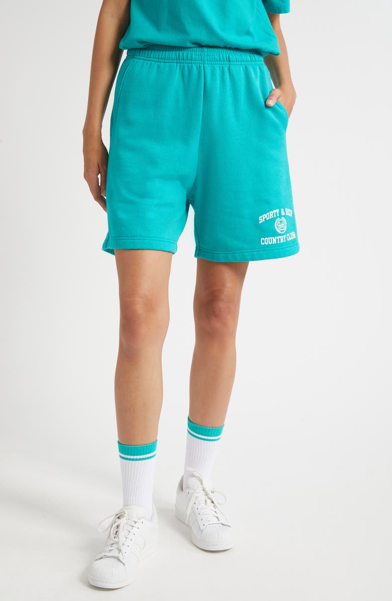 Sporty & Rich Varsity Crest Gym Shorts, Main, color, Spring Green