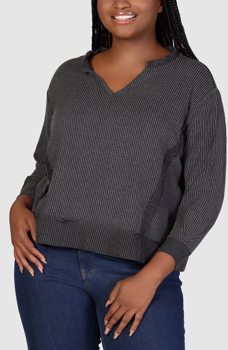 24seven Comfort Apparel Textured Stripe Split Neck Sweatshirt, Alternate, color, Black