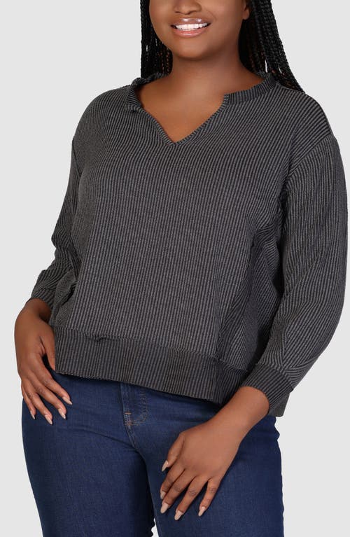 Shop 24seven Comfort Apparel Textured Stripe Split Neck Sweatshirt In Black