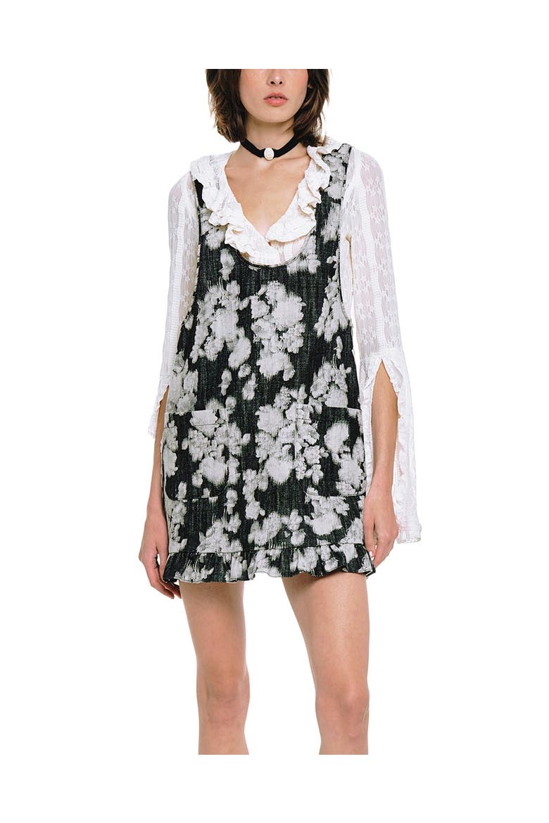 Rose Illusion Denim Ruffle Jumper, Main, color, Black