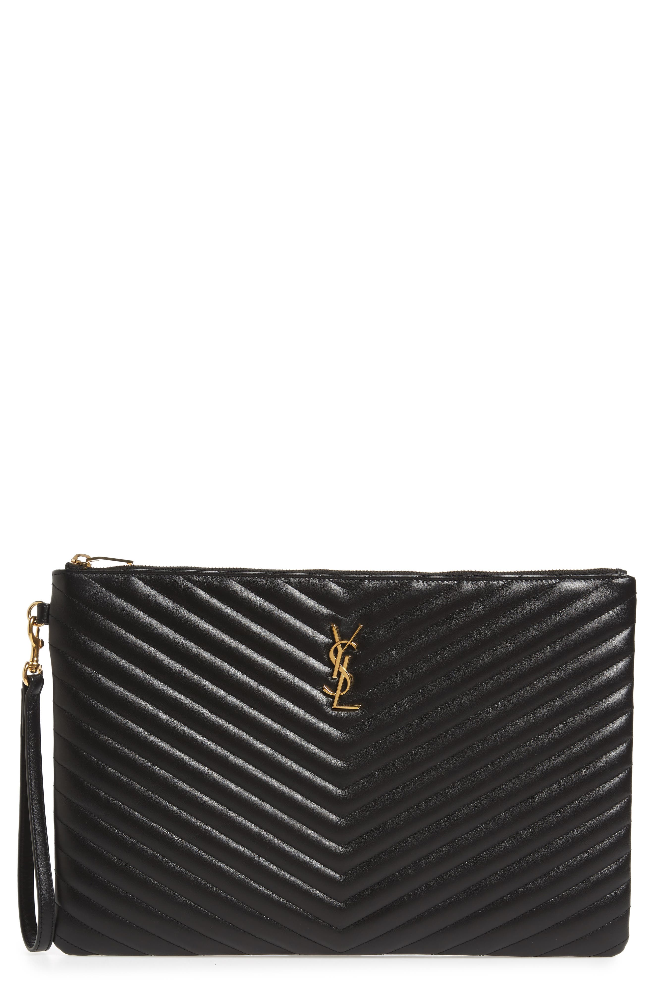 Large Logo Matelassé Leather Pouch, Main, color, NOIR