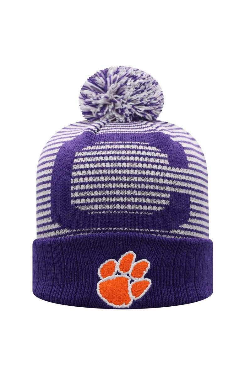 TOP OF THE WORLD Men's Top of the World Purple Clemson Tigers Line Up Cuffed Knit Hat with Pom, Main, color, 