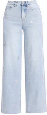 Bayeas Embellished Raw Hem High Waist Wide Leg Jeans